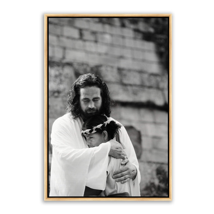 Jesus Christ 'Shelter' embrace. Modern black and white Christian art work on canvas with gold frame by Reflections of Christ.