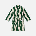 Bathrobe with green and cream wavy stripes, two pockets, and matching belt, shown flat.
