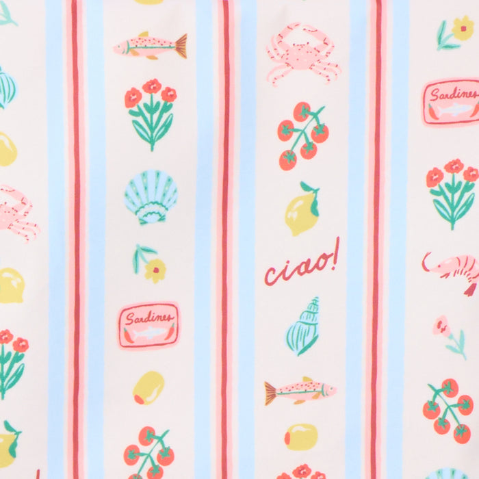 Swatch of the Dolce Vita, with fish, shell, flower, sardine can, and cherry print
