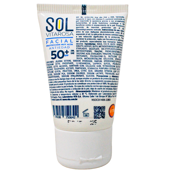 Sol Vitarosa Protector Solar Facial Spf50 Tubo X 50Ml
