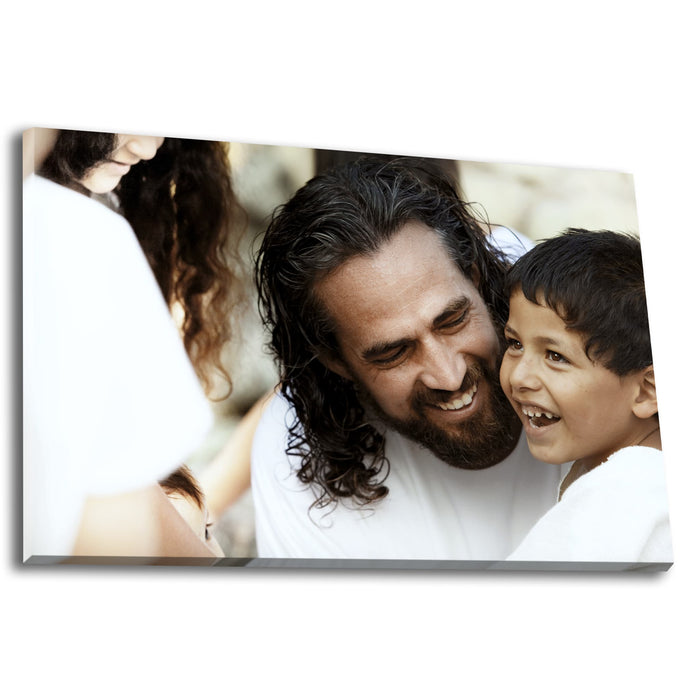 Jesus Christ 'Son of God' photo with a young boy. Realistic Christian wall art on canvas by Reflections of Christ.