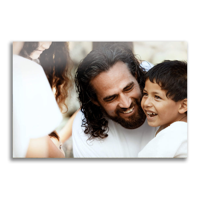 Jesus Christ 'Son of God' photo with a young boy. Realistic Christian wall art on metal by Reflections of Christ.