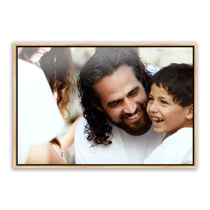 Jesus Christ 'Son of God' photo with a young boy. Realistic Christian wall art on metal with gold frame by Reflections of Christ.