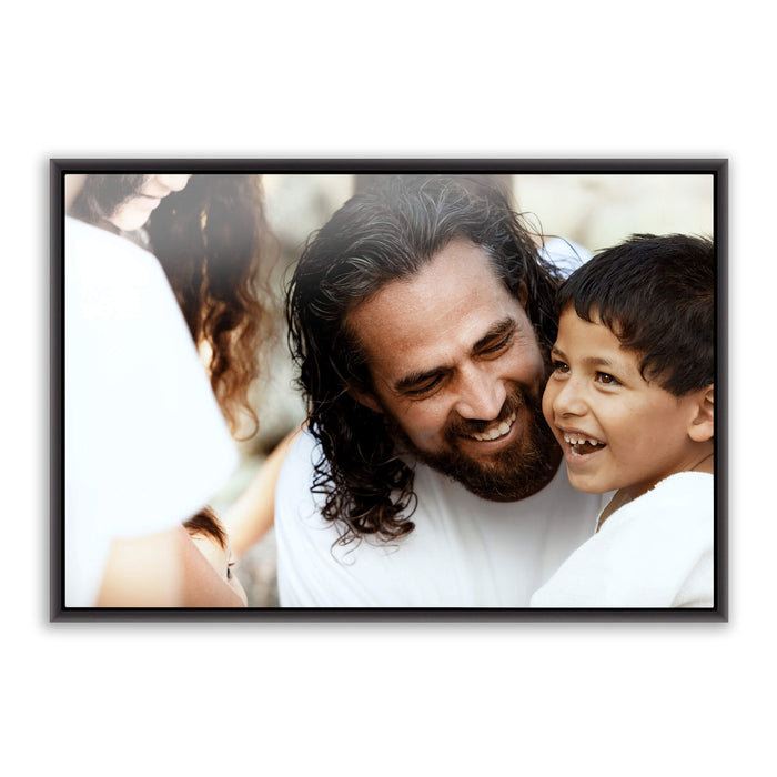 Jesus Christ 'Son of God' photo with a young boy. Realistic Christian wall art on metal with black frame by Reflections of Christ.