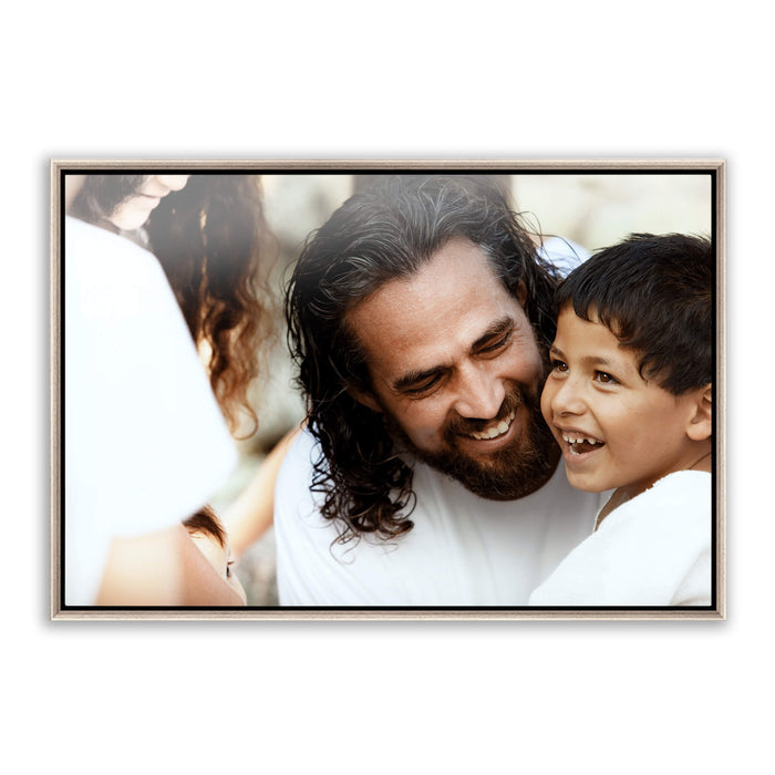 Jesus Christ 'Son of God' photo with a young boy. Realistic Christian wall art on metal with silver frame by Reflections of Christ.