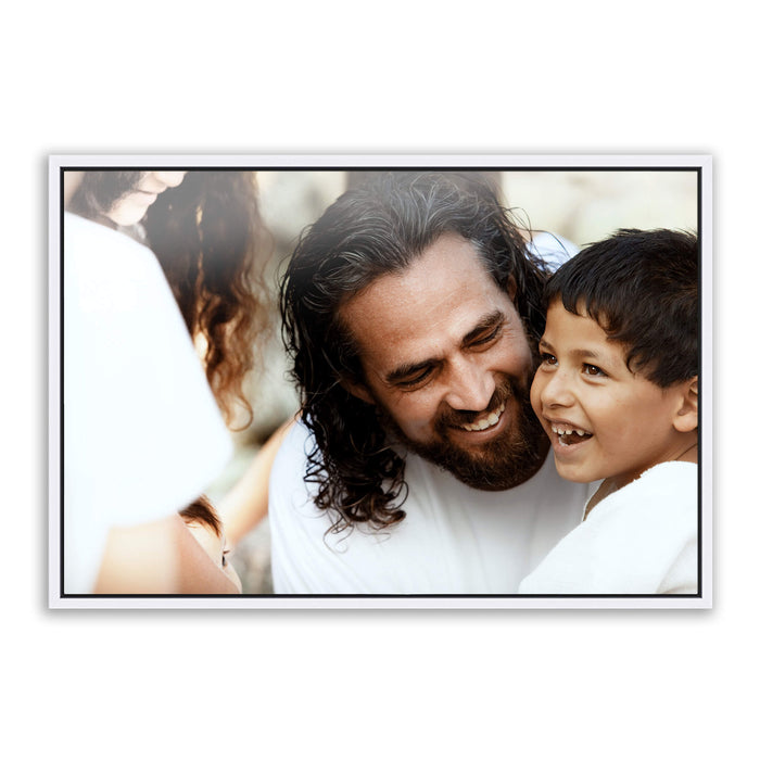 Jesus Christ 'Son of God' photo with a young boy. Realistic Christian wall art on metal with white frame by Reflections of Christ.