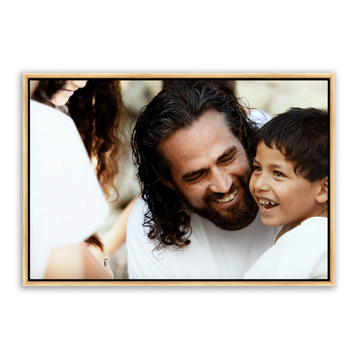 Jesus Christ 'Son of God' photo with a young boy. Realistic Christian wall art on canvas with gold frame by Reflections of Christ.