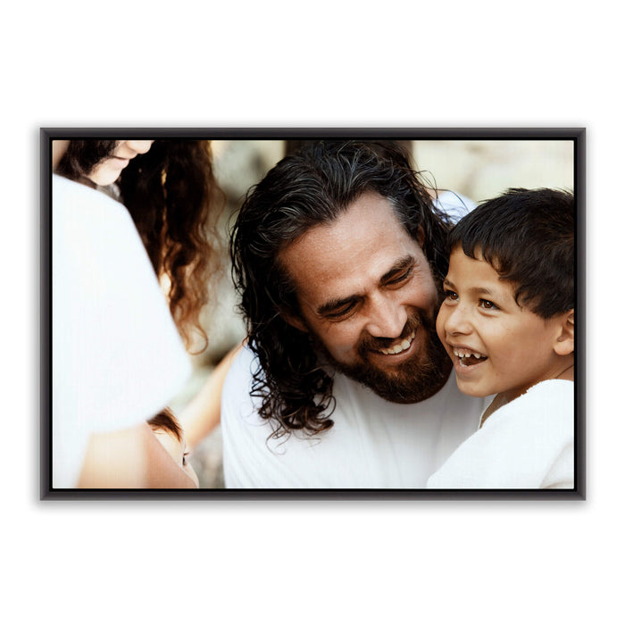 Jesus Christ 'Son of God' photo with a young boy. Realistic Christian wall art on canvas with black frame by Reflections of Christ.