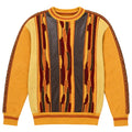 Gold men's mixed-knit crewneck sweater with vertical stripes and textured finish