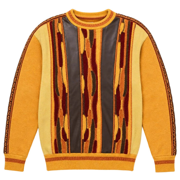 Gold men's mixed-knit crewneck sweater with vertical stripes and textured finish