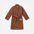 Plush brown patterned robe with belt and front pockets.