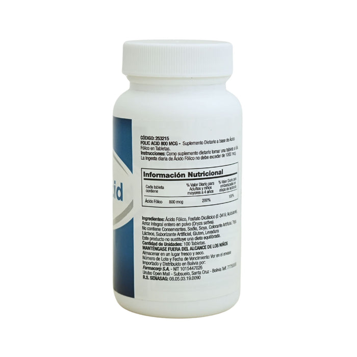 Suplemento Alimenticio Ácido Fólico 800Mcg X 100 Tabletas
