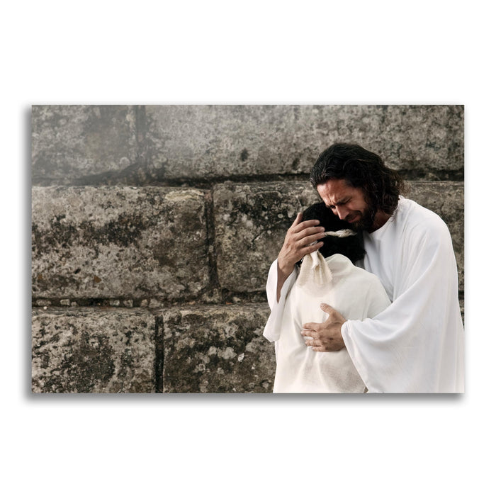 Jesus Christ 'Surrender' embrace. Modern realistic Christian art work on metal by Reflections of Christ.