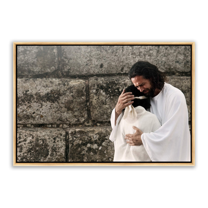 Jesus Christ 'Surrender' embrace. Modern realistic Christian art work on metal with gold frame by Reflections of Christ.