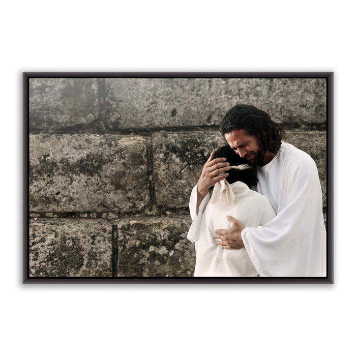 Jesus Christ 'Surrender' embrace. Modern realistic Christian art work on metal with black frame by Reflections of Christ.
