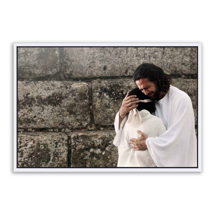 Jesus Christ 'Surrender' embrace. Modern realistic Christian art work on metal with white frame by Reflections of Christ.