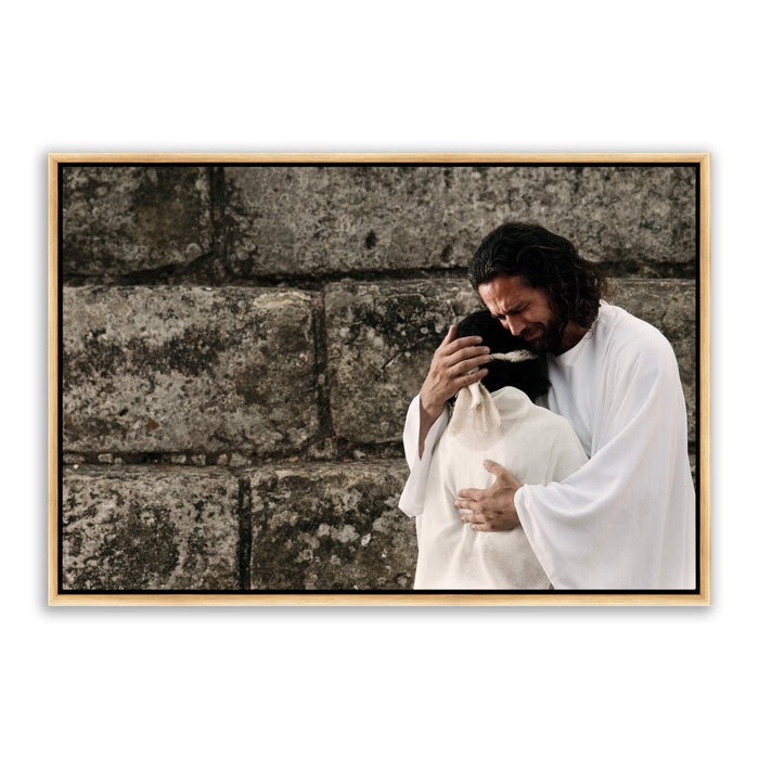 Jesus Christ 'Surrender' embrace. Modern realistic Christian art work on canvas with gold frame by Reflections of Christ.