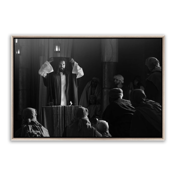 Jesus Christ reading the scroll. 'The Synagogue' modern Christian art work on metal with silver frame by Reflections of Christ.