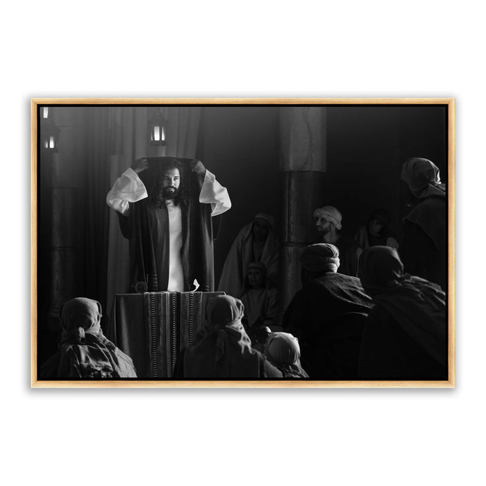 Jesus Christ reading the scroll. 'The Synagogue' modern Christian art work on metal with gold frame by Reflections of Christ.