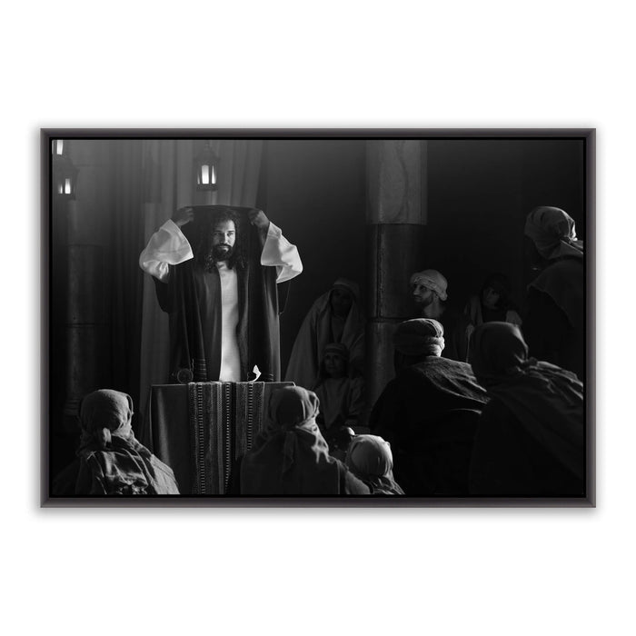 Jesus Christ reading the scroll. 'The Synagogue' modern Christian art work on metal with black frame by Reflections of Christ.
