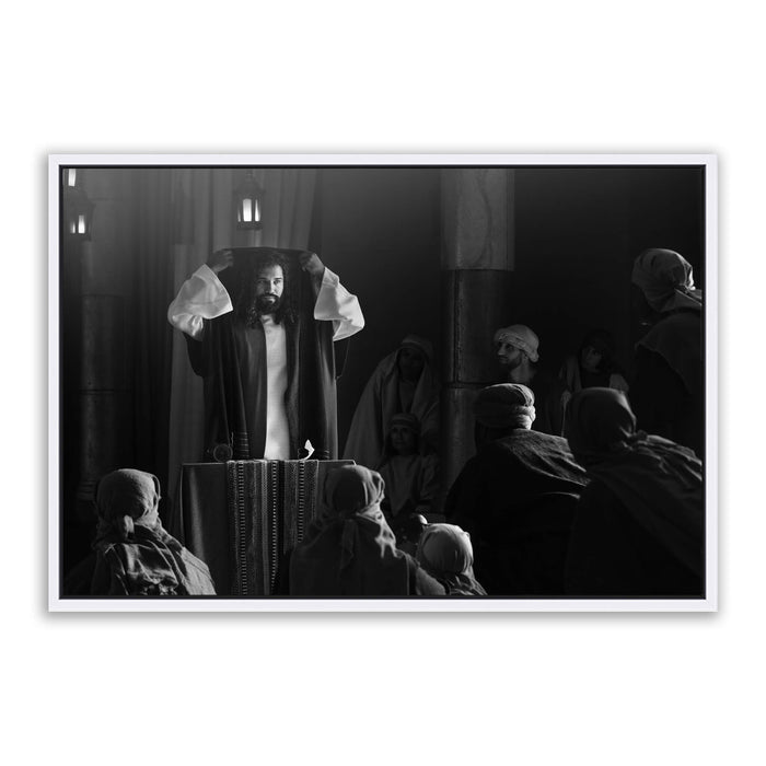 Jesus Christ reading the scroll. 'The Synagogue' modern Christian art work on metal with white frame by Reflections of Christ.