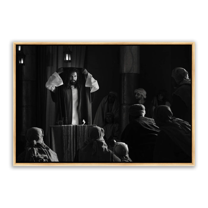 Jesus Christ reading the scroll. 'The Synagogue' modern Christian art work on canvas with gold frame by Reflections of Christ.