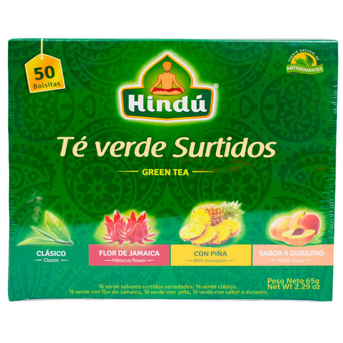 Caja de té Hindú Verde Sabores Surtidos, con bolsitas de té.