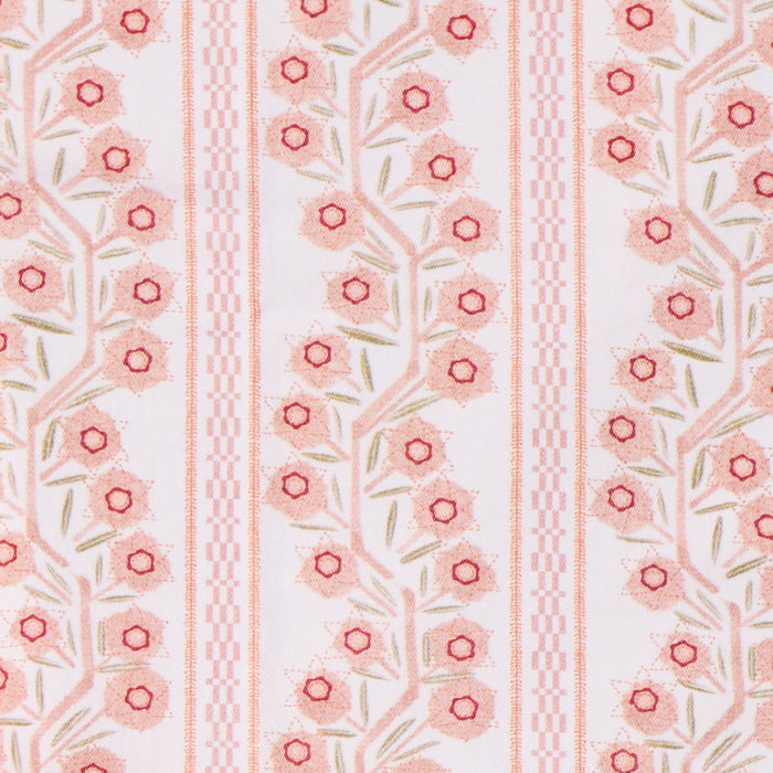 A close-up of a fabric pattern featuring vertical stripes with pink and coral floral vines on a white background.