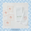 Two green striped kitchen towel and four square cocktail napkins, with embroidered turkey designs, a text at the bottom says "Arrives gift wrapped as a set in our luxury gift box".