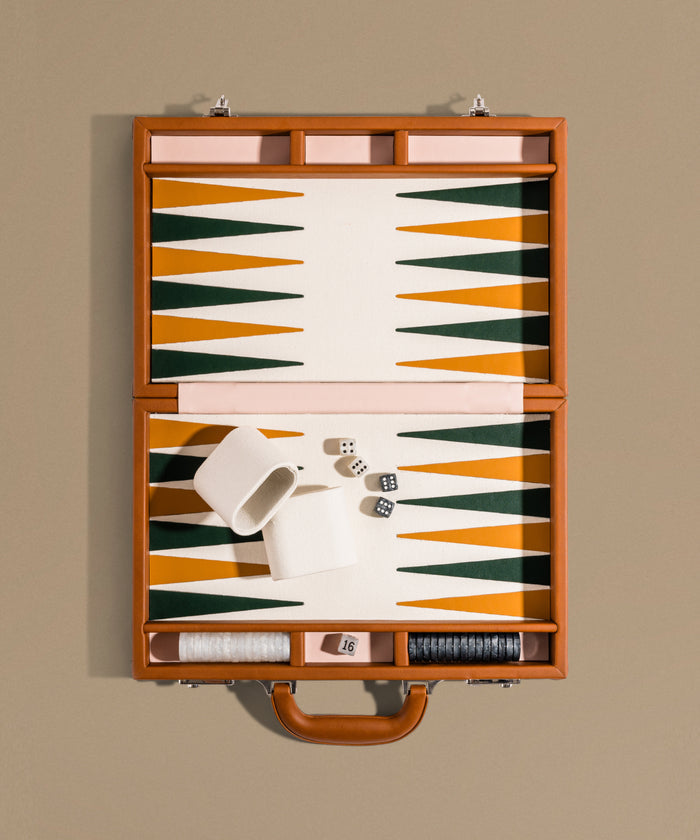 Backgammon set with geometric pattern on a beige background