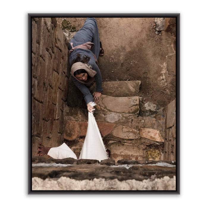 Jesus Christ 'The Hem of His Robe' story. Modern Christian wall art on canvas with black frame by Reflections of Christ.