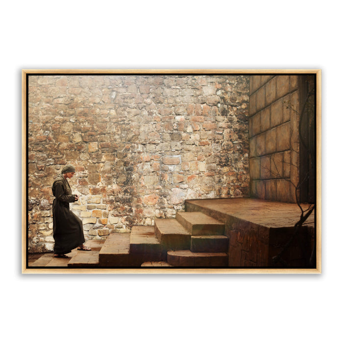 Jesus Christ observing 'The Widow's Mite.' Realistic Christian art work on canvas with gold frame by Reflections of Christ.