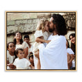 Jesus Christ with a little girl. 'Those Little Ones' modern Christian art work on canvas with gold frame by Reflections of Christ.