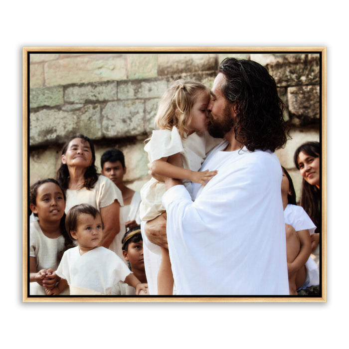 Jesus Christ with a little girl. 'Those Little Ones' modern Christian art work on canvas with gold frame by Reflections of Christ.