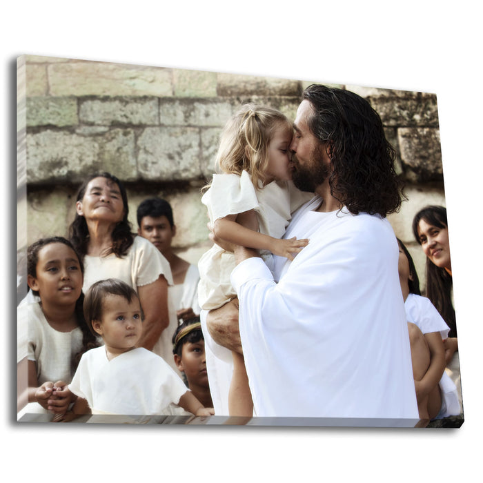 Jesus Christ with a little girl. 'Those Little Ones' modern Christian art work on canvas by Reflections of Christ.