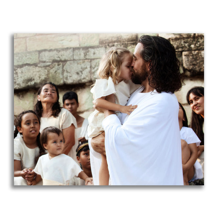 Jesus Christ with a little girl. 'Those Little Ones' modern Christian art work on metal by Reflections of Christ.