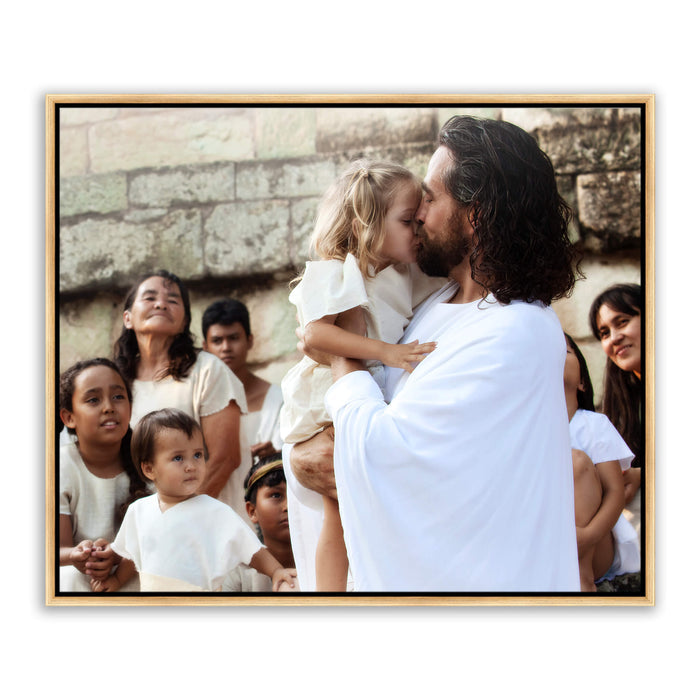Jesus Christ with a little girl. 'Those Little Ones' modern Christian art work on metal with gold frame by Reflections of Christ.