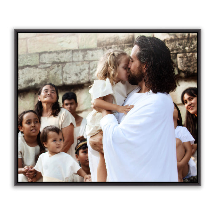 Jesus Christ with a little girl. 'Those Little Ones' modern Christian art work on metal with black frame by Reflections of Christ.