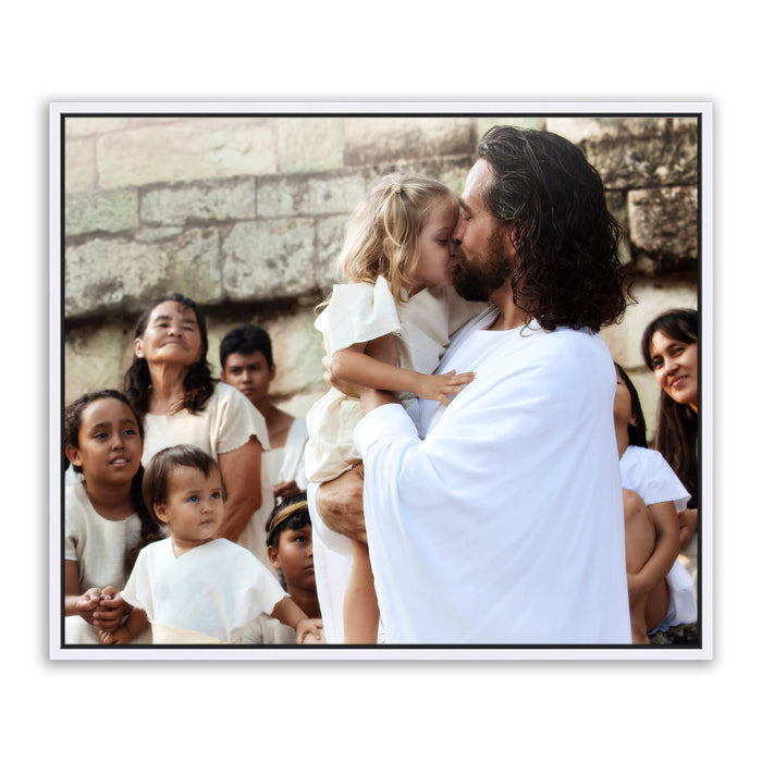 Jesus Christ with a little girl. 'Those Little Ones' modern Christian art work on metal with white frame by Reflections of Christ.
