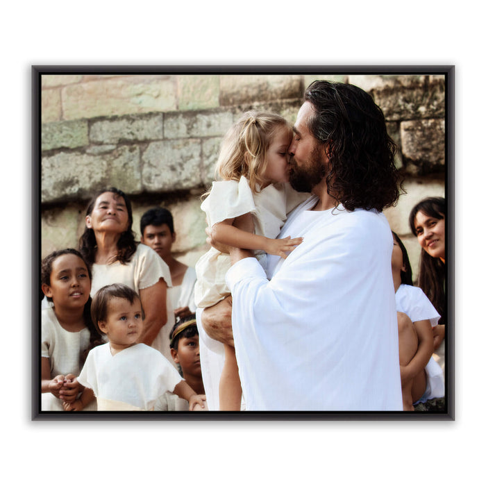 Jesus Christ with a little girl. 'Those Little Ones' modern Christian art work on canvas with black frame by Reflections of Christ.