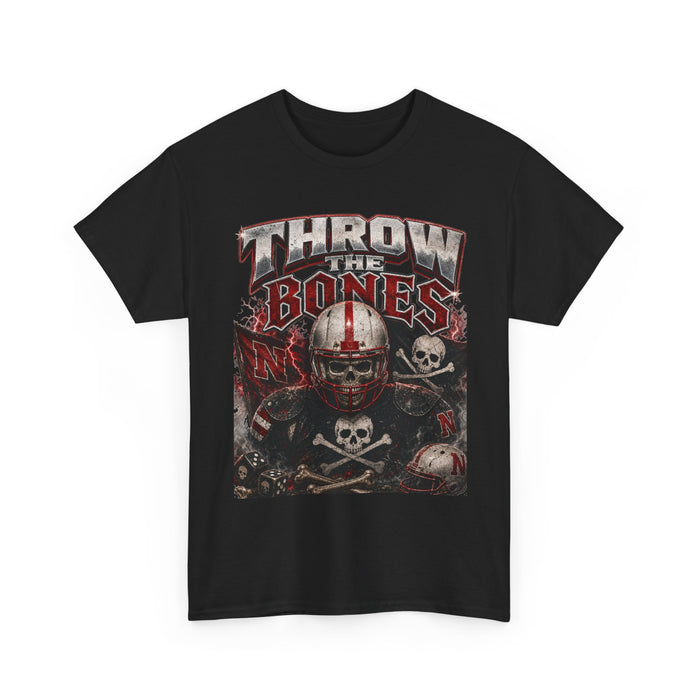 Throw the Bones Football Skull Tee — Nebraska Huskers Game Day Shirt