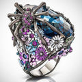 VAGZEB 925 Silver Statement Blue Crystal Ring Spider Flower Wedding Ring for Woman