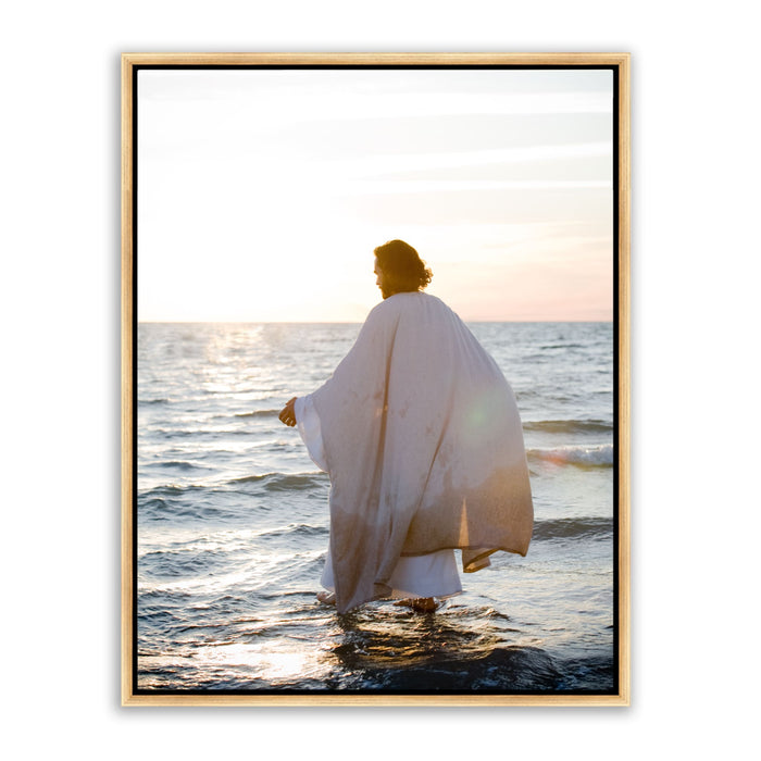 Jesus Christ 'Walking on Water' art work. Realistic Christian art on metal with gold frame by Mark Mabry for Reflections of Christ.