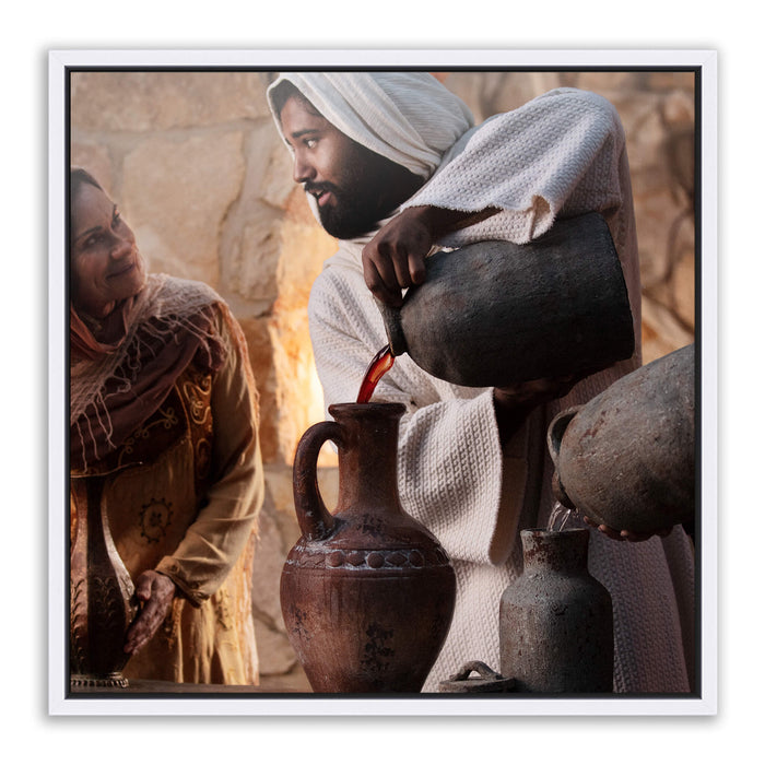 Jesus Christ 'Water into Wine' at Cana. Realistic Christian art work on metal with white frame by Reflections of Christ.