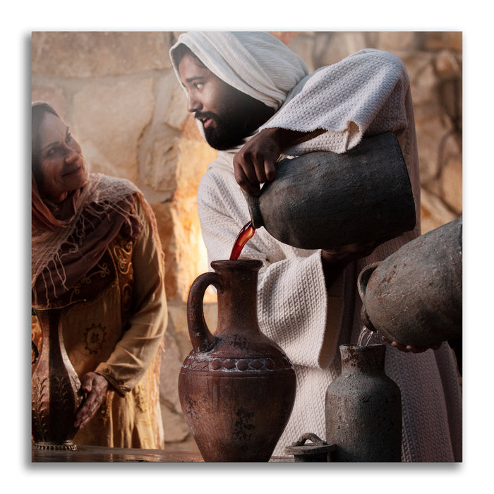 Jesus Christ 'Water into Wine' at Cana. Realistic Christian art work on metal by Reflections of Christ.