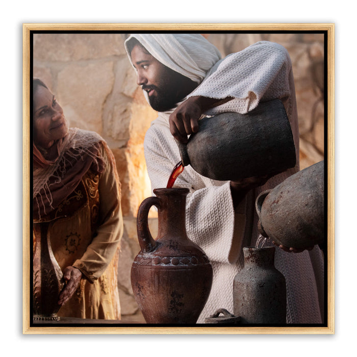 Jesus Christ 'Water into Wine' at Cana. Realistic Christian art work on metal with gold frame by Reflections of Christ.