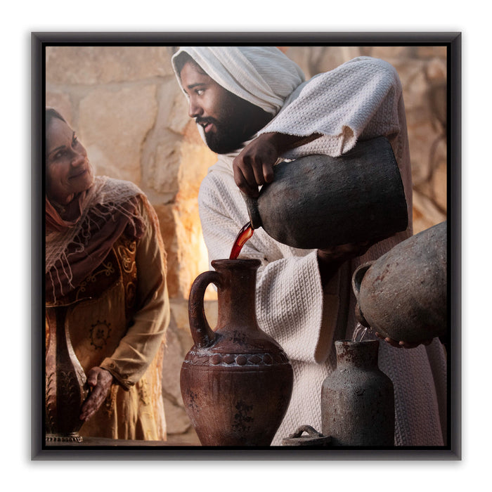 Jesus Christ 'Water into Wine' at Cana. Realistic Christian art work on metal with black frame by Reflections of Christ.