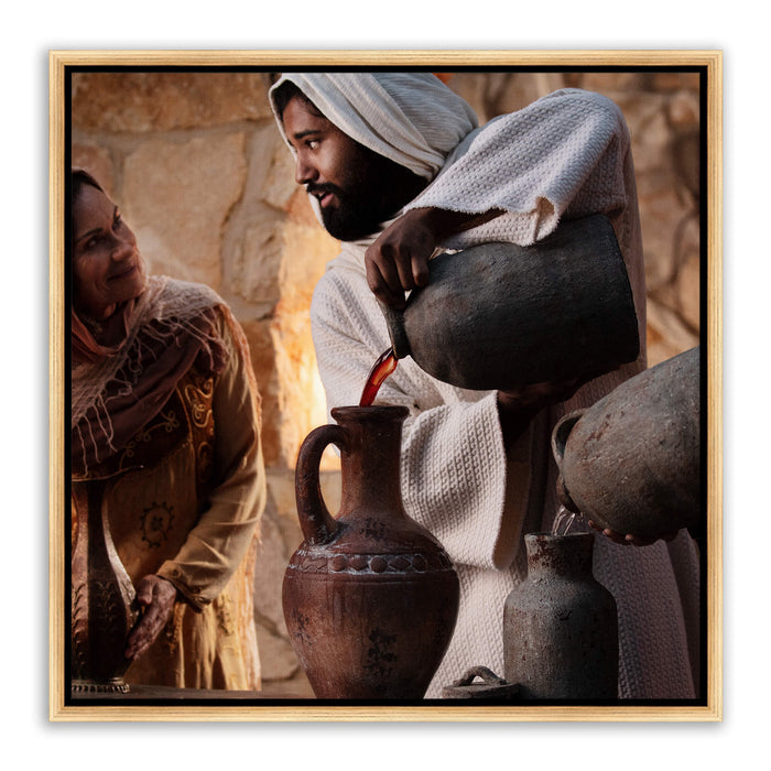 Jesus Christ 'Water into Wine' at Cana. Realistic Christian art work on canvas with gold frame by Reflections of Christ.