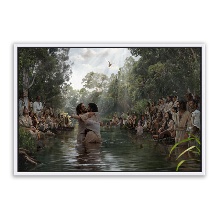 Jesus Christ baptism at Jordan River. 'Witness' modern Christian wall art on canvas with white frame by Reflections of Christ.
