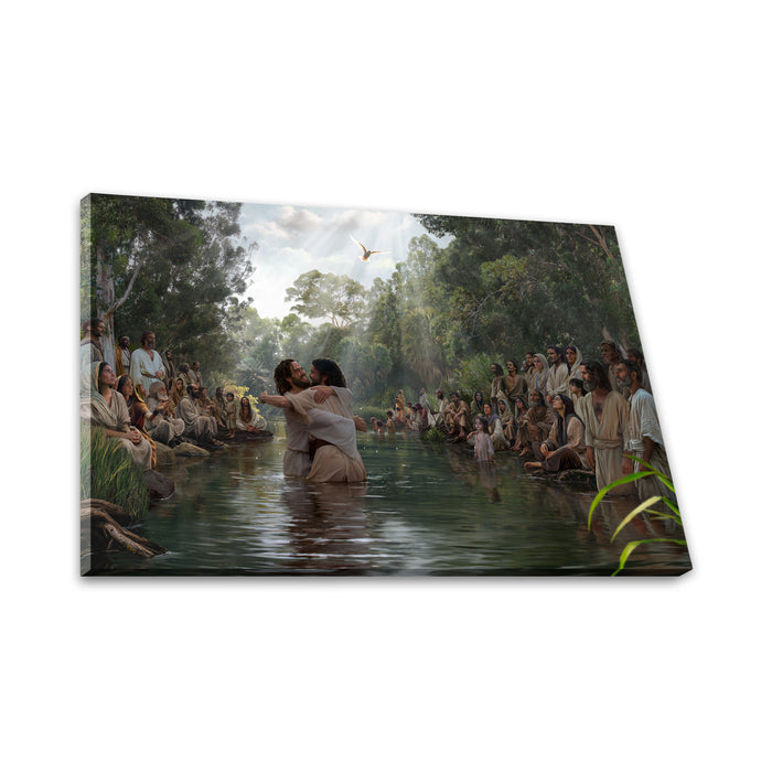 Jesus Christ baptism at Jordan River. 'Witness' modern Christian wall art on canvas by Reflections of Christ.